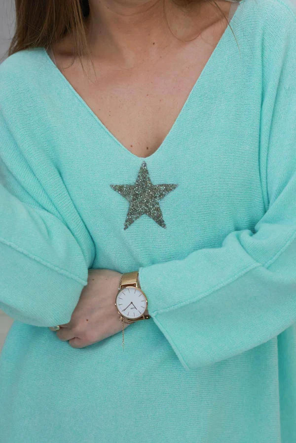 Water Green Oversized Super Soft Sweater with Silver Rhinestone Star