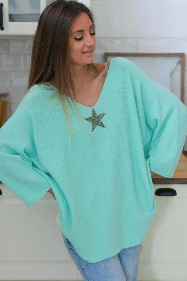 Water Green Oversized Super Soft Sweater with Silver Rhinestone Star