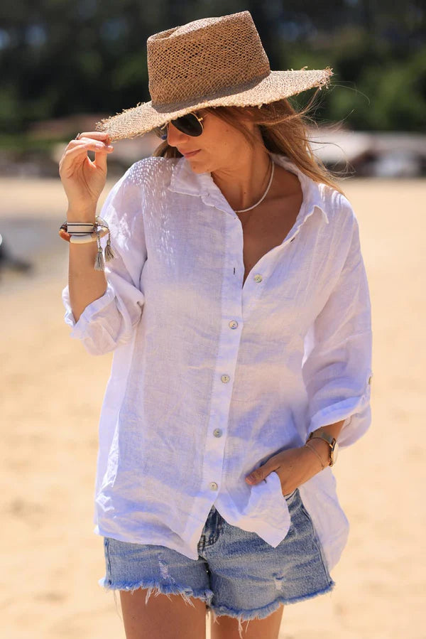 White 3/4 length sleeve floaty linen shirt