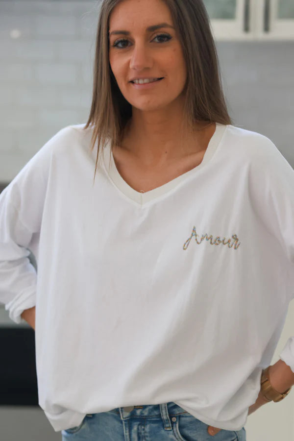 White “Amour” Long-Sleeve V-Neck Tee