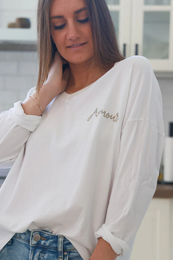 White “Amour” Long-Sleeve V-Neck Tee