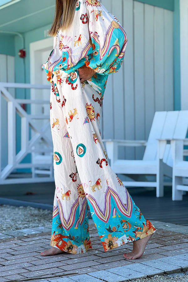 Turquoise Animal Parade Silky Palazzo Pants