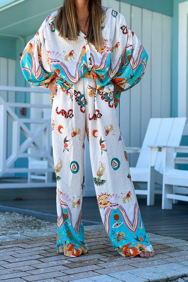 Turquoise Animal Parade Silky Palazzo Pants