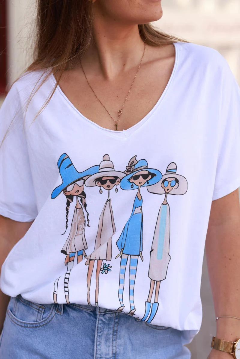 White Blue “Vacation Girlfriends” V-Neck Tee