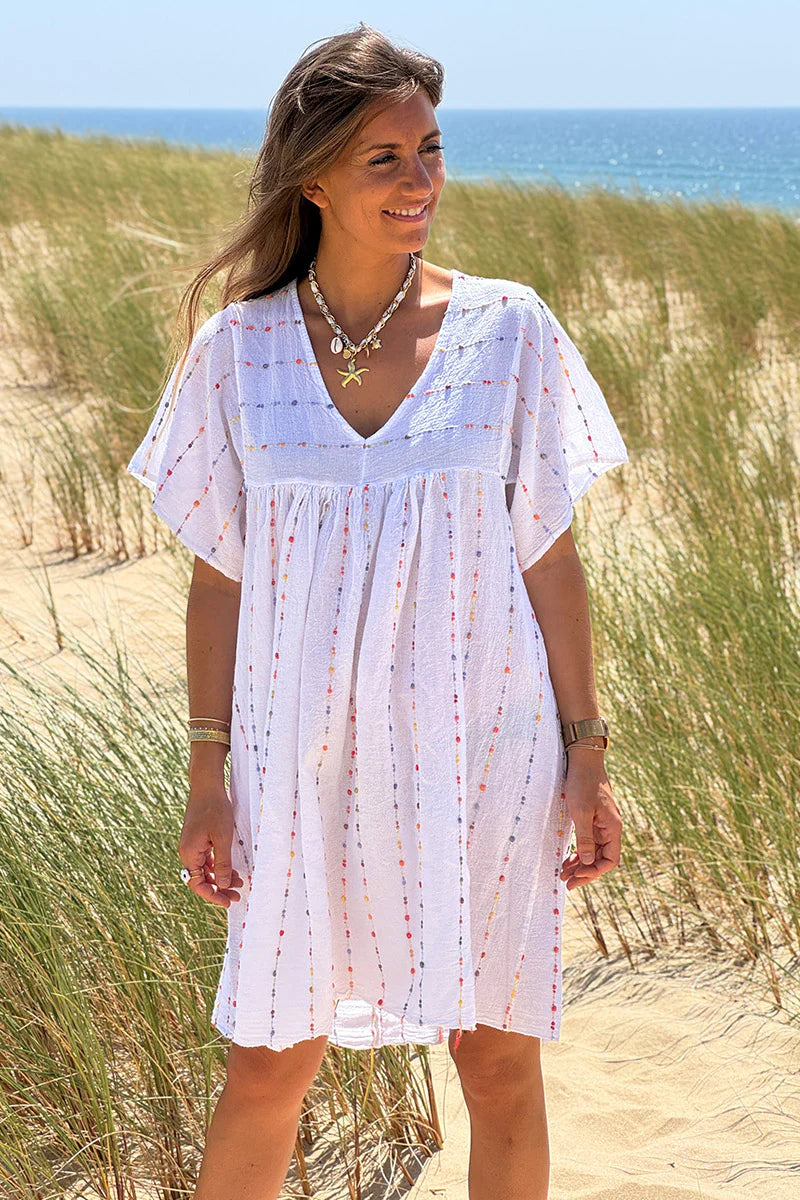 White Boucle Stripe Gauze Dress