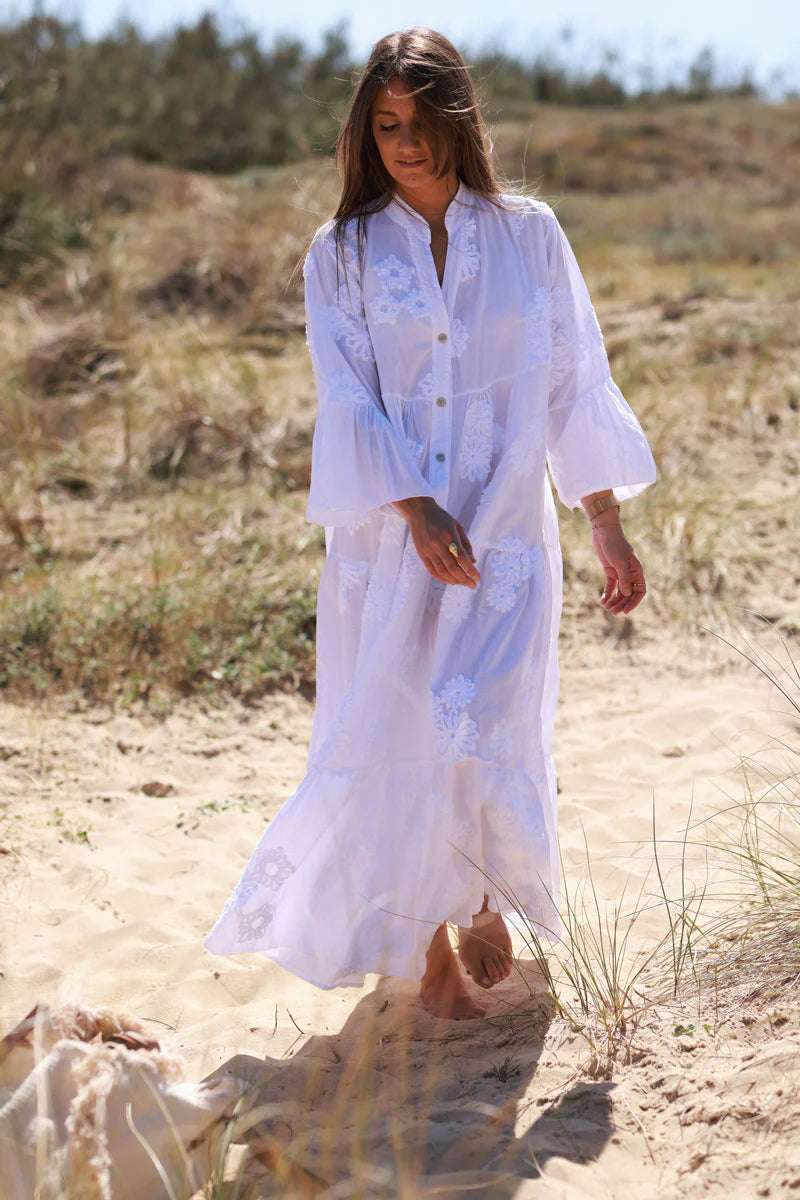 White Cotton Applique Resort Dress