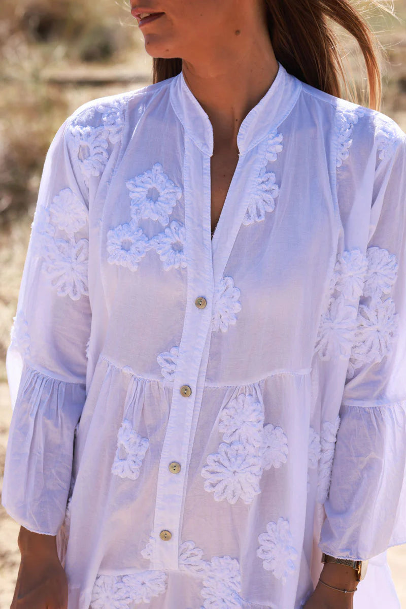 White Cotton Applique Resort Dress
