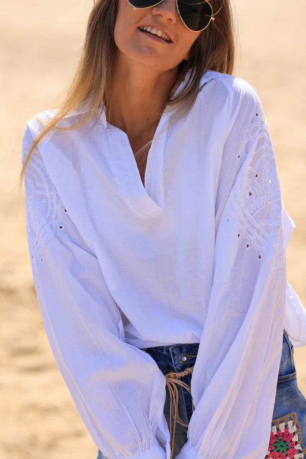 White cotton blouse with shoulder heart embroidery