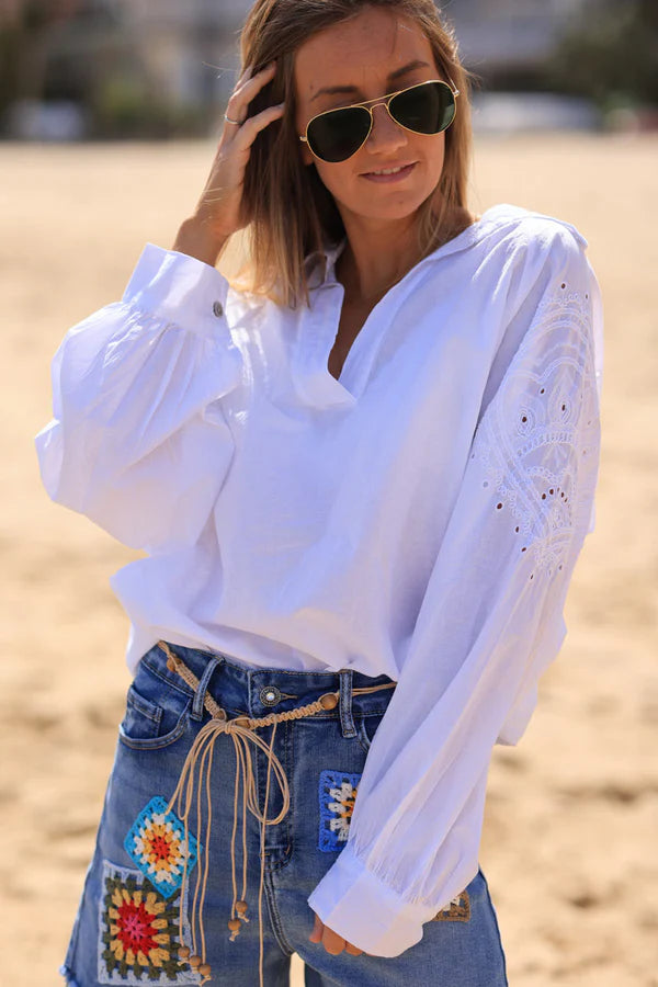 White cotton blouse with shoulder heart embroidery