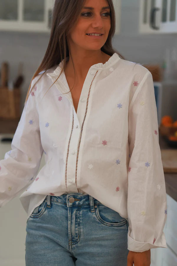 White Cotton Embroidered Daisies Button-Down Shirt