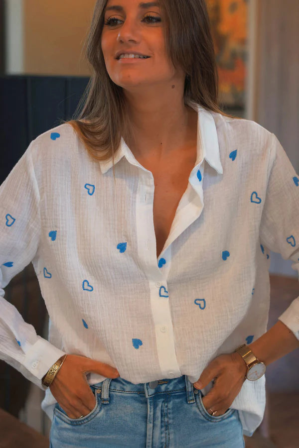 White Cotton Gauze Blue Embroidered Hearts Blouse