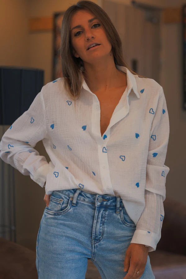 White Cotton Gauze Blue Embroidered Hearts Blouse