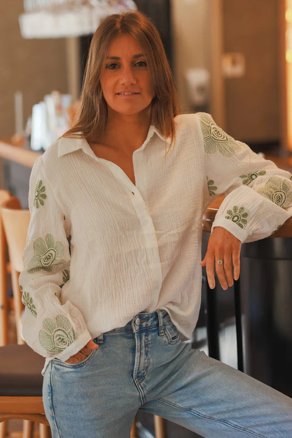 White Cotton Gauze Green Embroidered Flowers Blouse