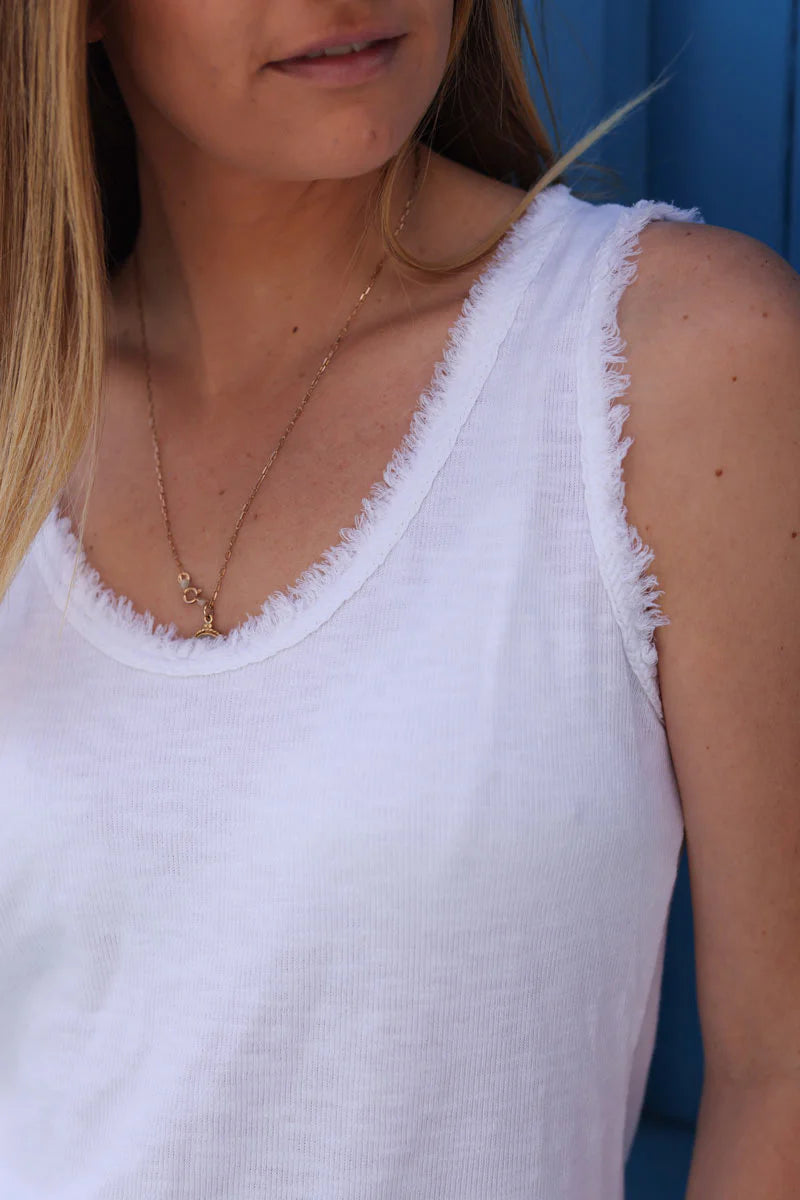 White cotton tank top with fringes