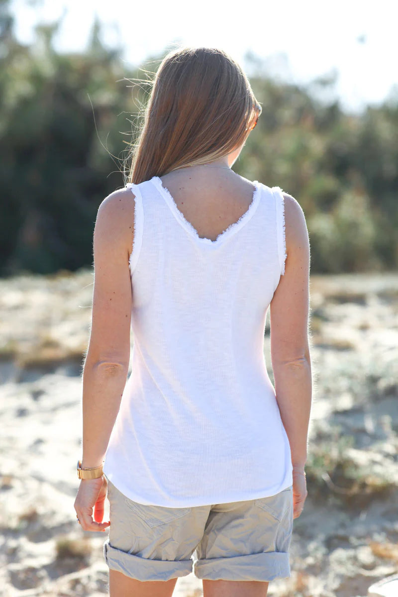 White cotton tank top with fringes