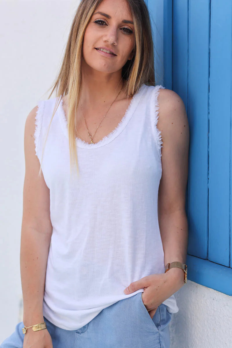 White cotton tank top with fringes