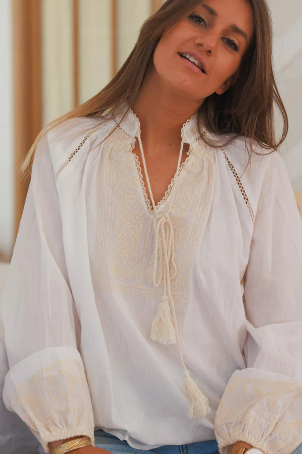 White and Cream Boho Embroidered Cotton Tunic