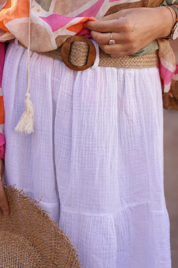 White crinkle cotton gauze tiered maxi skirt with raphia belt