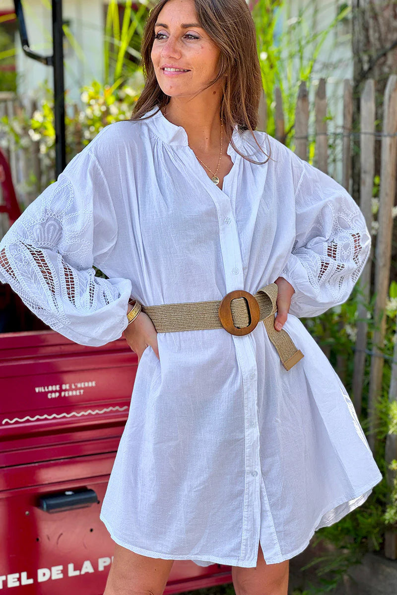 White Crochet Sleeve Button-Down Tunic Dress