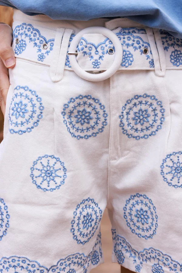 White Embroidered Blue Mandela Belted Shorts