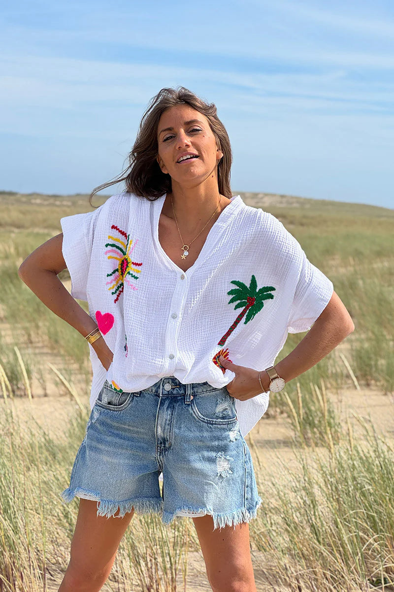 White Embroidered Gauze Button-Down Blouse