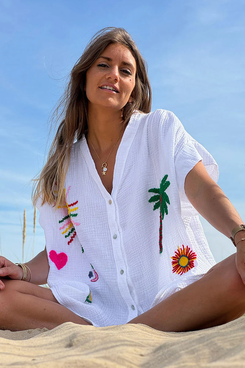 White Embroidered Gauze Button-Down Blouse