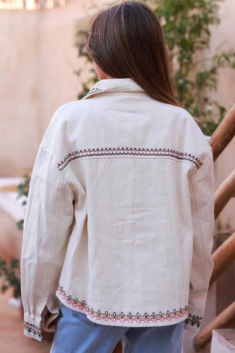 White Embroidered Vine Jean Jacket