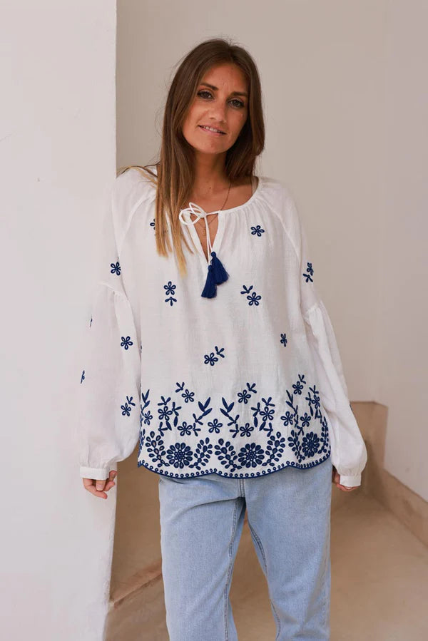 White Embroidered Vine Peasant Blouse