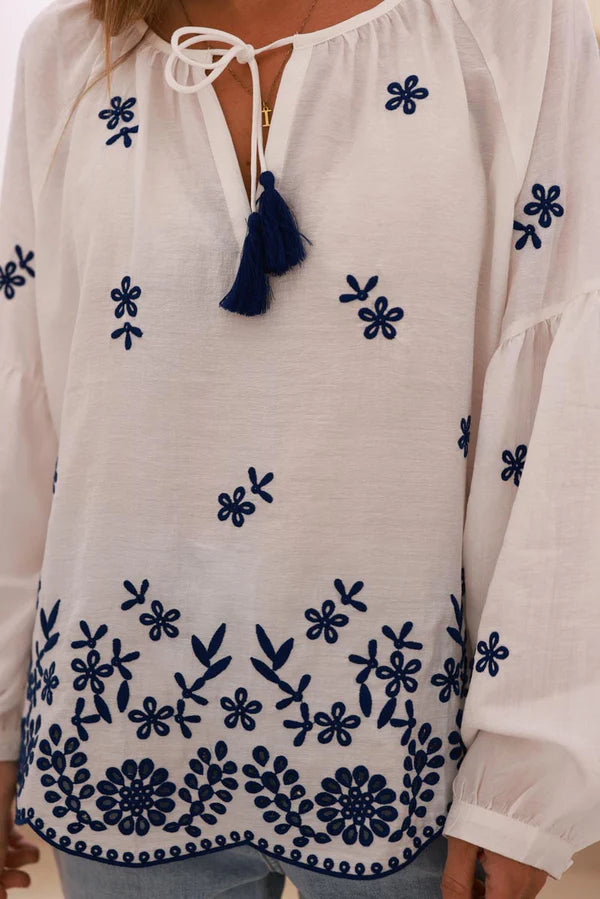 White Embroidered Vine Peasant Blouse