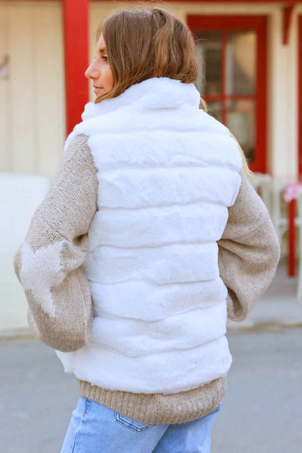 White Faux Fur Zip Front Vest