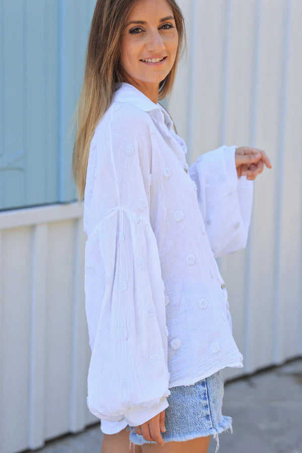 White floaty shirt with silver dots in boucle