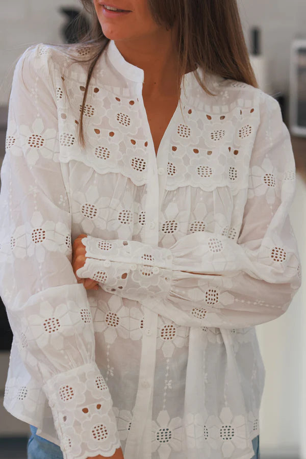 White Floral Embroidered Cotton Button-Down Blouse