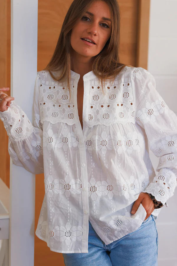 White Floral Embroidered Cotton Button-Down Blouse