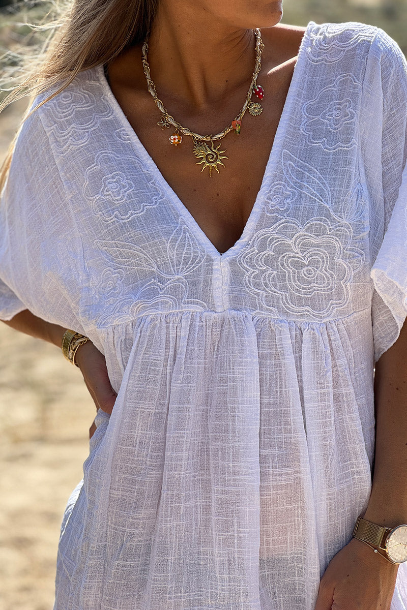 White Floral Embroidered Gauze V-Neck Mini Dress