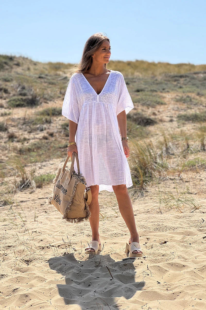 White Floral Embroidered Gauze V-Neck Mini Dress