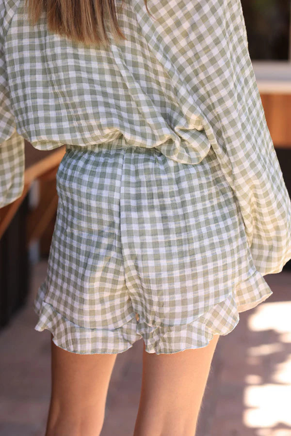 White frill cotton gauze short with Olive vichy print