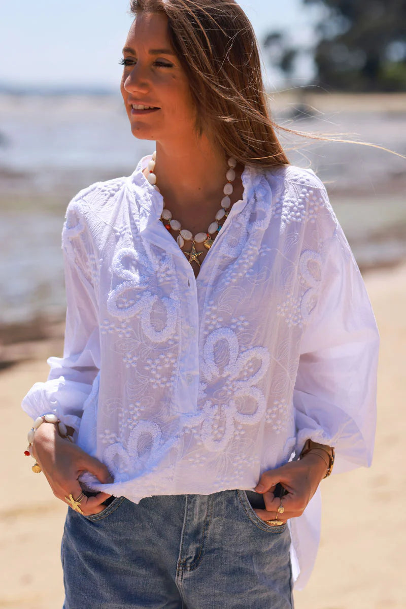 White Gauze Boucle Embroidered Blouse