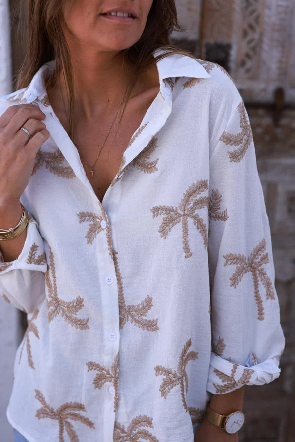 White Gauze Embroidered Palms Button-Down Blouse