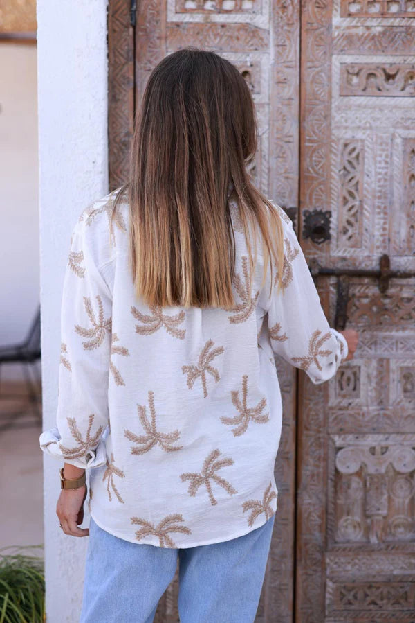 White Gauze Embroidered Palms Button-Down Blouse