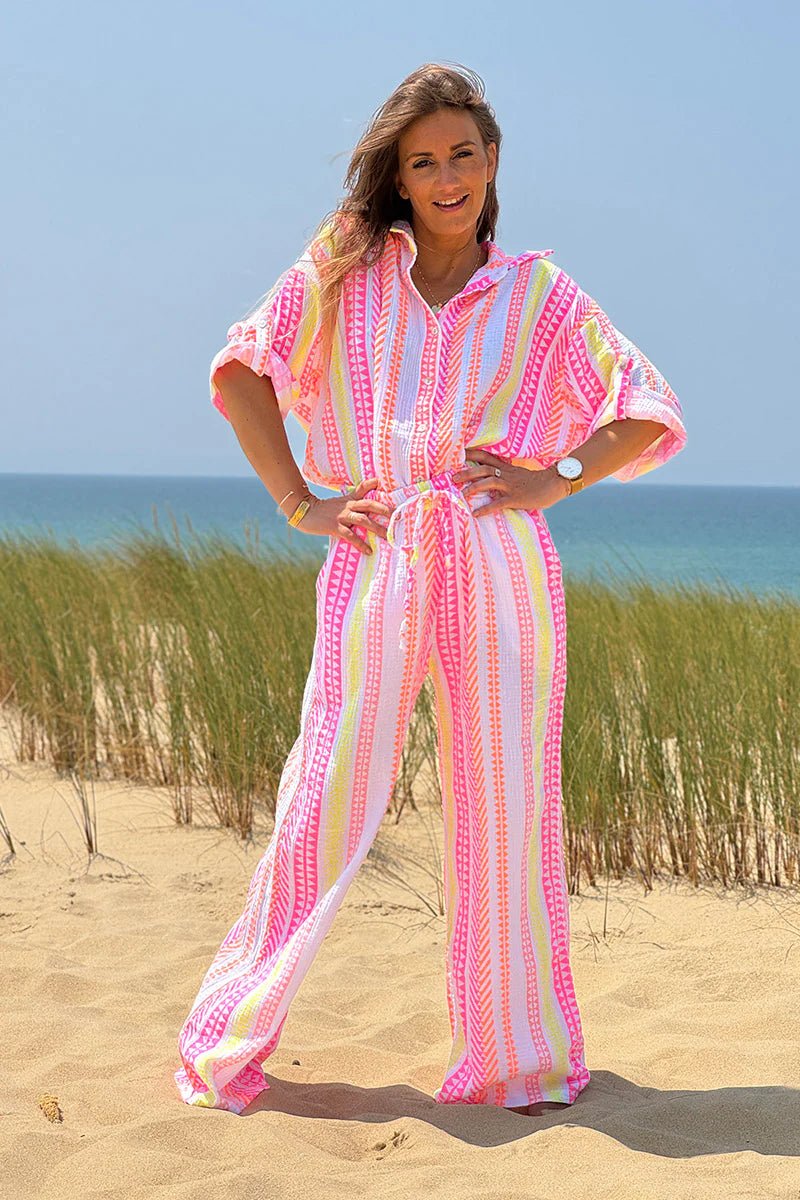 White Gauze Neon Stripe Button-Down Blouse