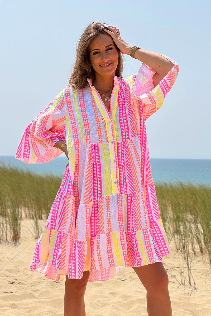 White Gauze Neon Stripe Tunic Dress