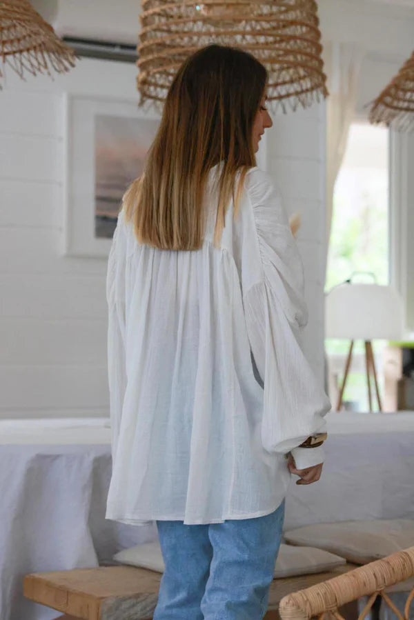 White Gauze Ruffle Front Blouse