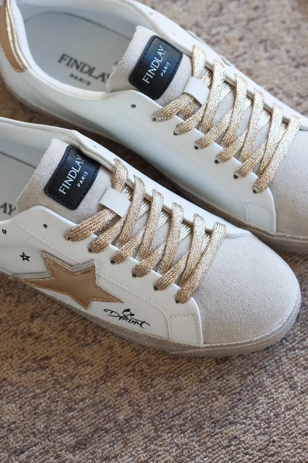 White Gold Star and Graffiti Sneakers with Gold Laces