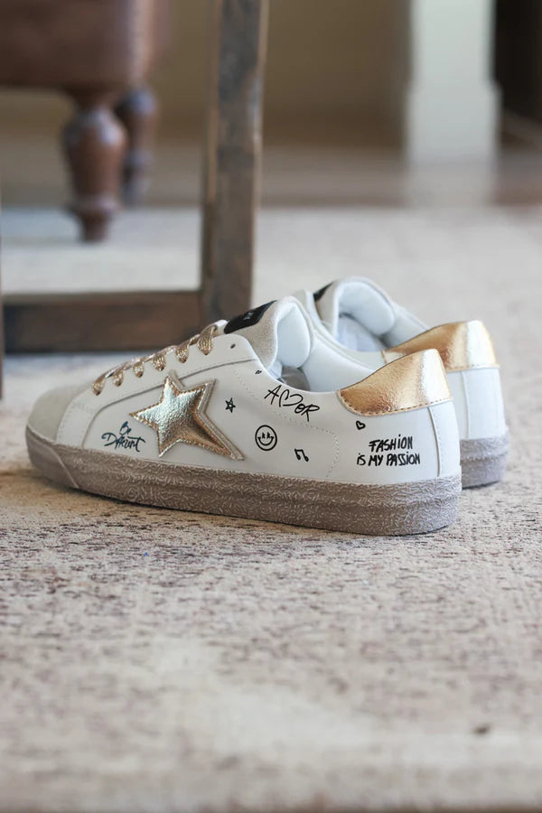 White Gold Star and Graffiti Sneakers with Gold Laces