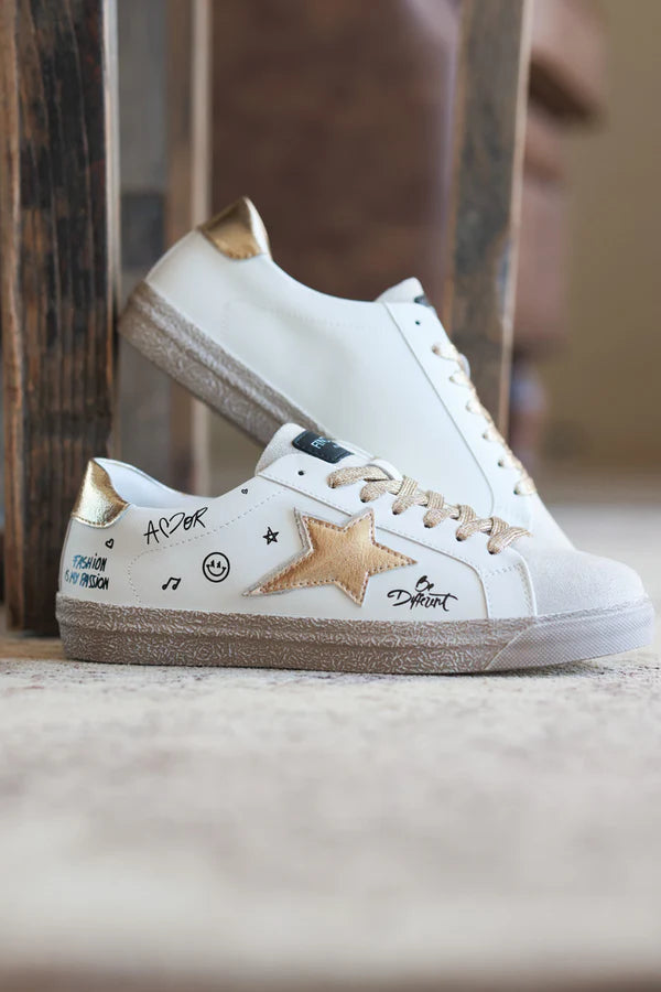 White Gold Star and Graffiti Sneakers with Gold Laces