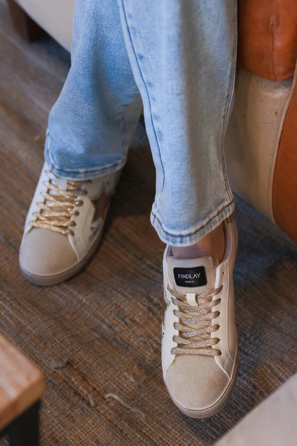 White Gold Star and Graffiti Sneakers with Gold Laces