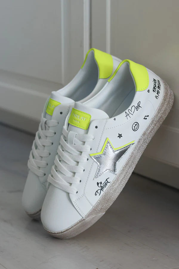 White Gold Star and Graffiti Sneakers with Neon Yellow Accent