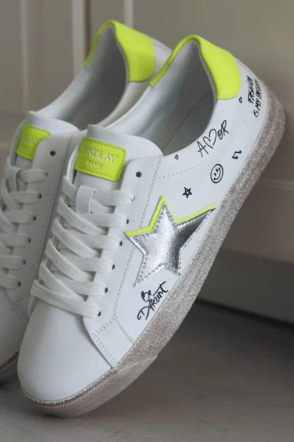 White Gold Star and Graffiti Sneakers with Neon Yellow Accent