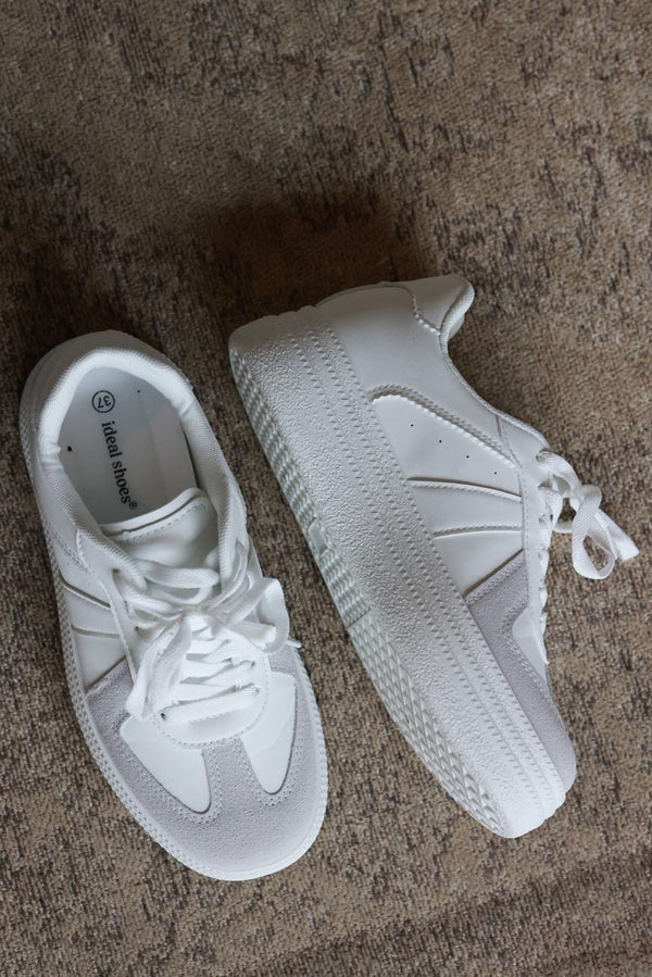 White and Gray Vegan Leather Platform Sneakers