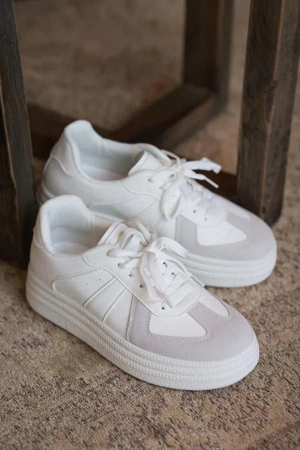 White and Gray Vegan Leather Platform Sneakers